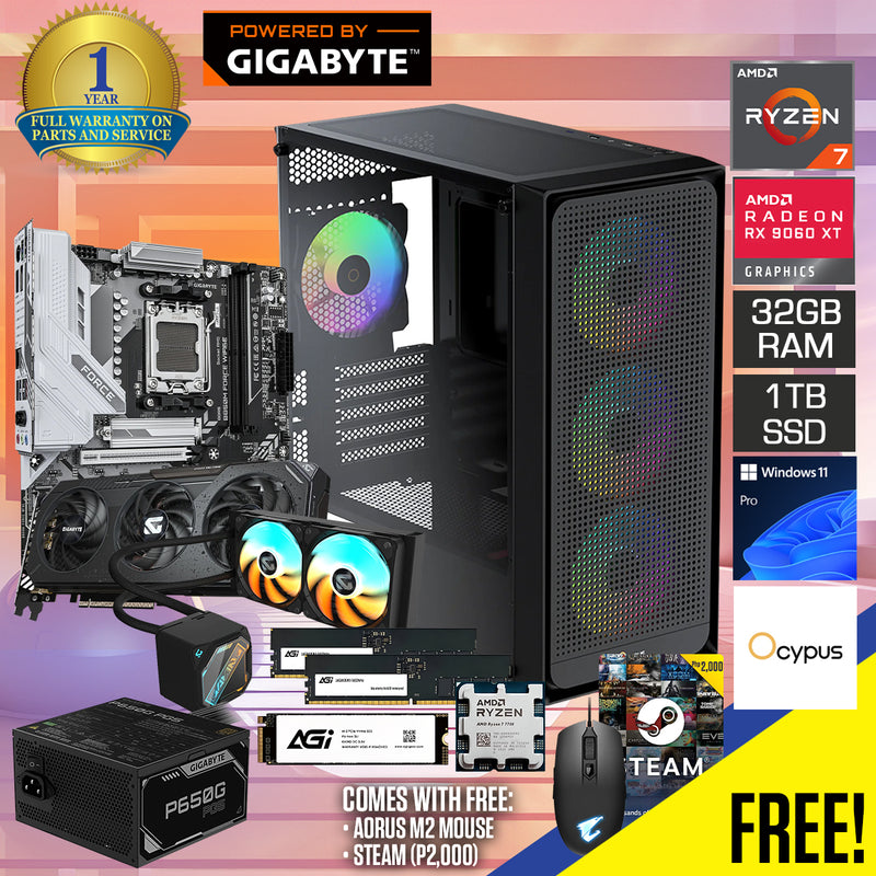 Powered by Gigabyte: Renderix Desktop Gaming PC | AMD Ryzen 7 7700 | 32GB RAM | 1TB SSD | RX 9060 XT | Windows 11 Pro