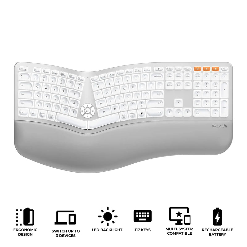 ProtoArc EK01 Plus Dual Mode Full Size Backlit Ergonomic Split Keyboard (White/Silver) (CP015756)