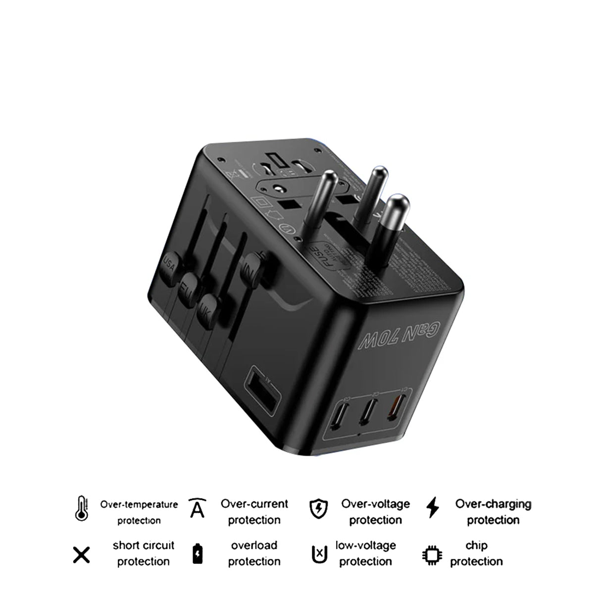 SODI A02-PD70 GaN 70W Universal Travel Charger with EU/UK/AUS/US Plug and 3xUSB-C + 2xUSB-A Ports