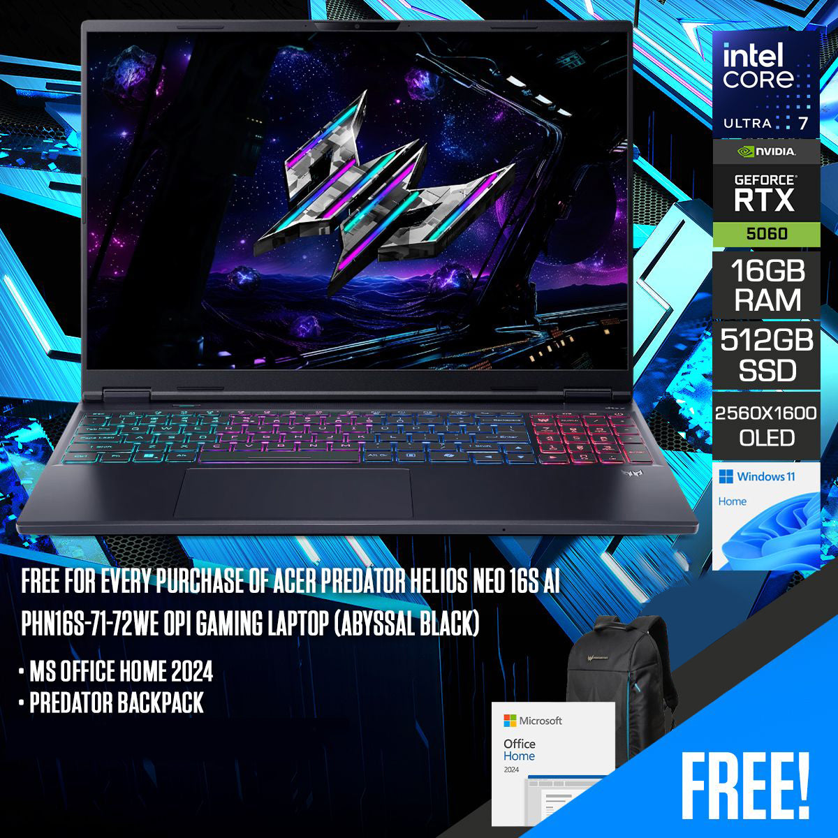 Acer Predator Helios Neo 16S AI PHN16S-71-72WE OPI Gaming Laptop (Abyssal Black)
