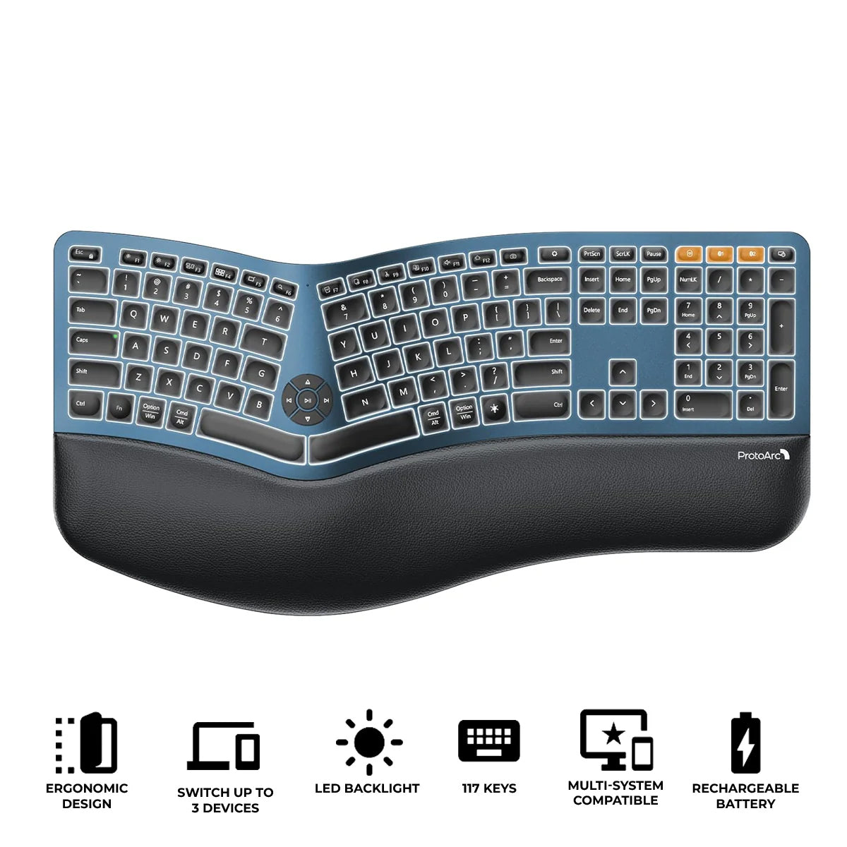 ProtoArc EK01 Plus Dual Mode Full Size Backlit Ergonomic Split Keyboard (Black/Blue) (CP015663)