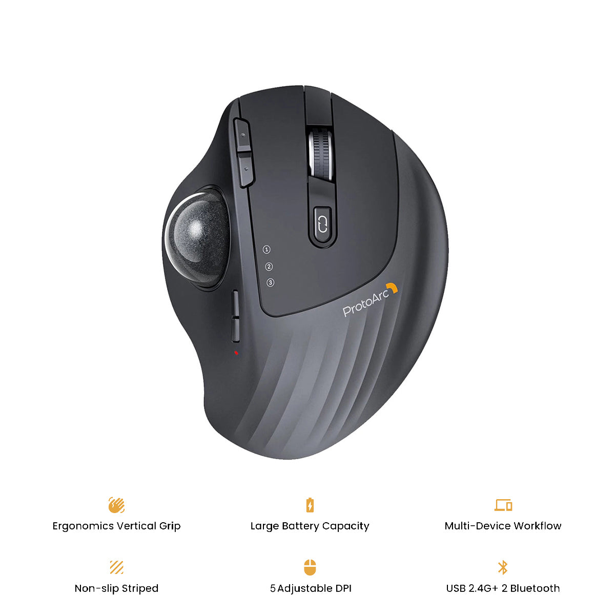 ProtoArc EM01 NL Ergonomic Wireless Trackball Mouse (Black + Grey Ball) (CP014935)