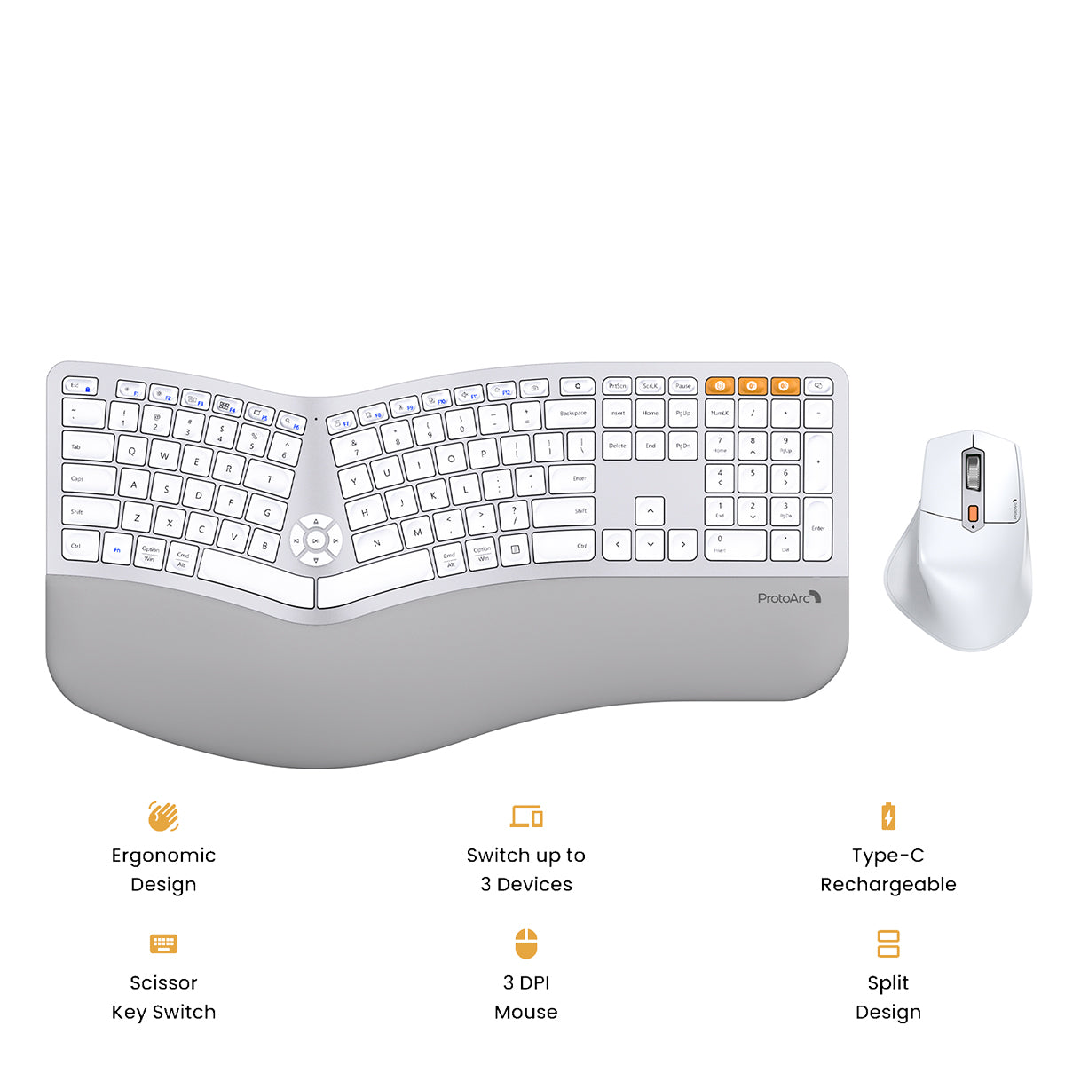 ProtoArc EKM01 Plus Dual Mode Full Size Ergonomic Keyboard Mouse Combo (White/Silver) (CP015758)
