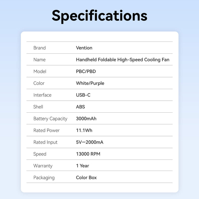 Vention Handheld Foldable High-Speed Cooling Fan (White, Black/Purple) (PBCW0, PBDV0)