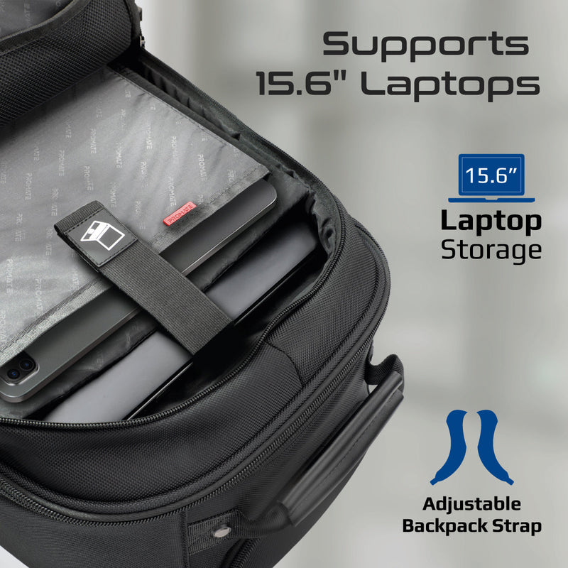 Promate Compact-TR 2-in-1 Large Capacity Trolley Bag Multiple Compartment for 15.6" Laptops