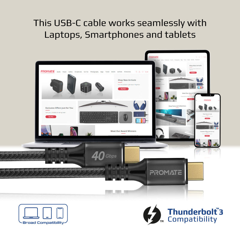 Promate PowerBolt240-1M 240W 40Gbps Thunderbolt 3 100cm Super Speed Fast Charging USB-C Cable
