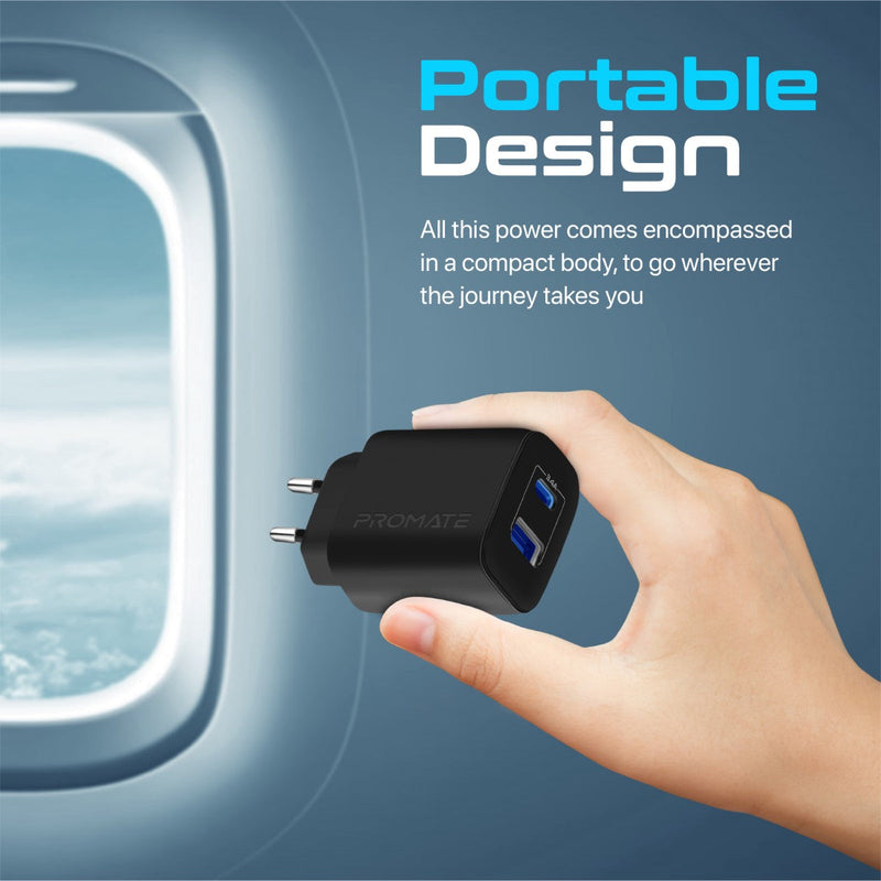 Promate Biplug-2 Ultra Compact Dual Port 17W Fast Charger USB-C USB-A Universal Compatibility EU (Black)