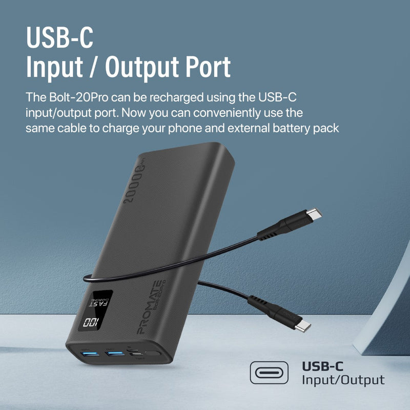 Promate PRO Dual USB-A USB-C Output Smart Super Charging Super Slim Power Bank Black