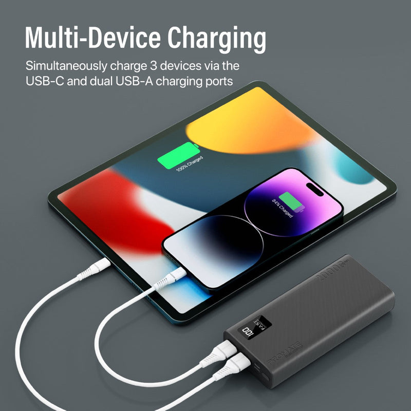 Promate PRO Dual USB-A USB-C Output Smart Super Charging Super Slim Power Bank Black