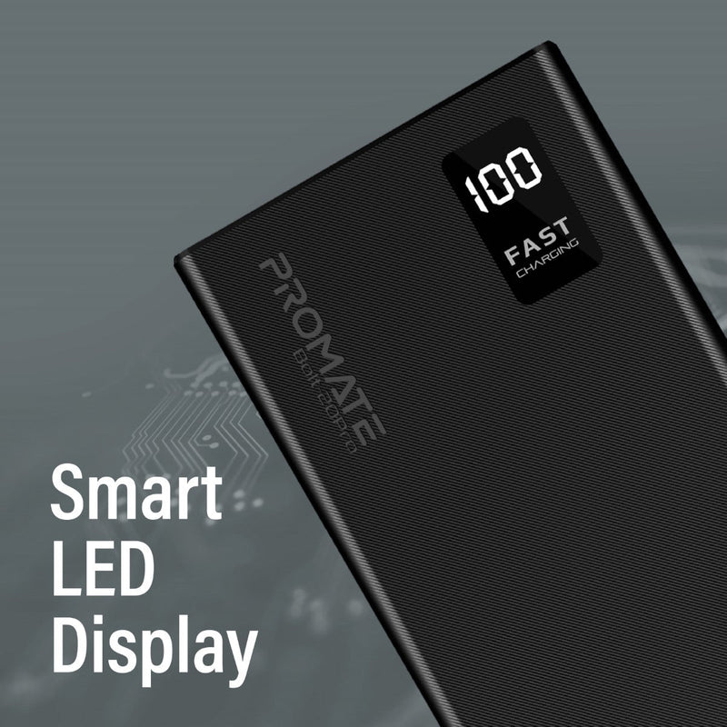 Promate PRO Dual USB-A USB-C Output Smart Super Charging Super Slim Power Bank Black