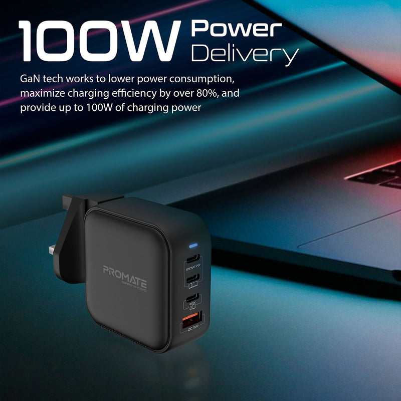 Promate GaNPort4-100PD 100W Power Delivery GaNFast Charger with Quick Charge 3.0 (Black)