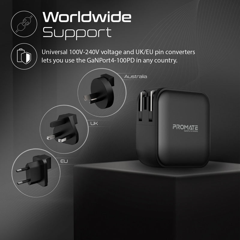 Promate GaNPort4-100PD 100W Power Delivery GaNFast Charger with Quick Charge 3.0 (Black)