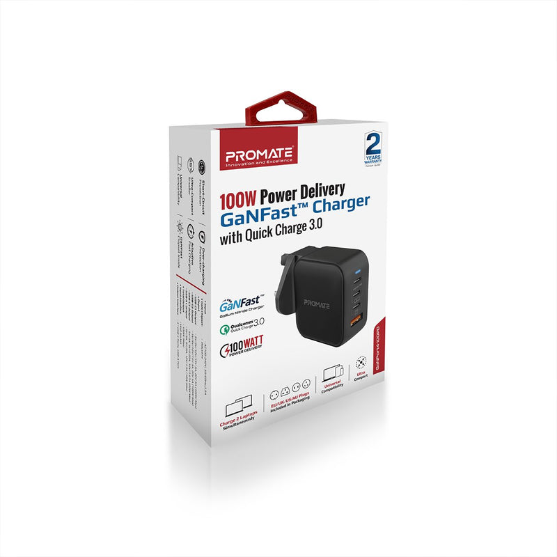Promate GaNPort4-100PD 100W Power Delivery GaNFast Charger with Quick Charge 3.0 (Black)