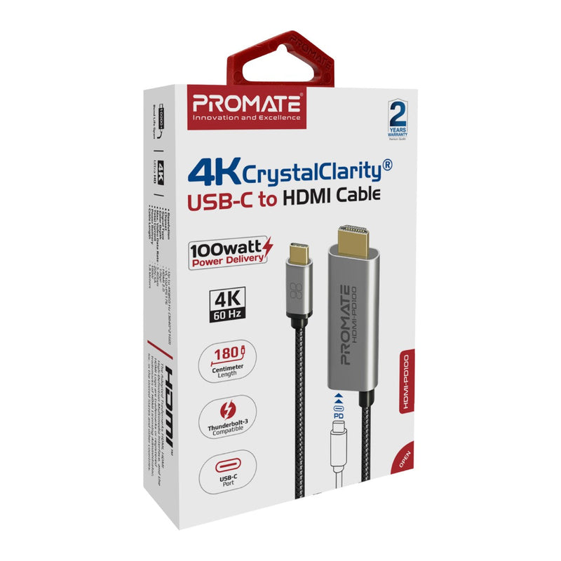 Promate 4K Crystal Clarity USB-C To HDMI Cable 4K Ultra HD 100W Power HDMI-PD100