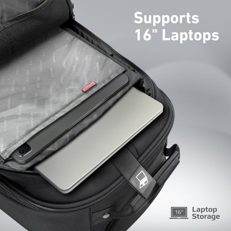 Promate Mogul-TR 2-in-1 Secure Storage Water Resistant Trolley Bag for 16" Laptop With Multiple Large Compartments