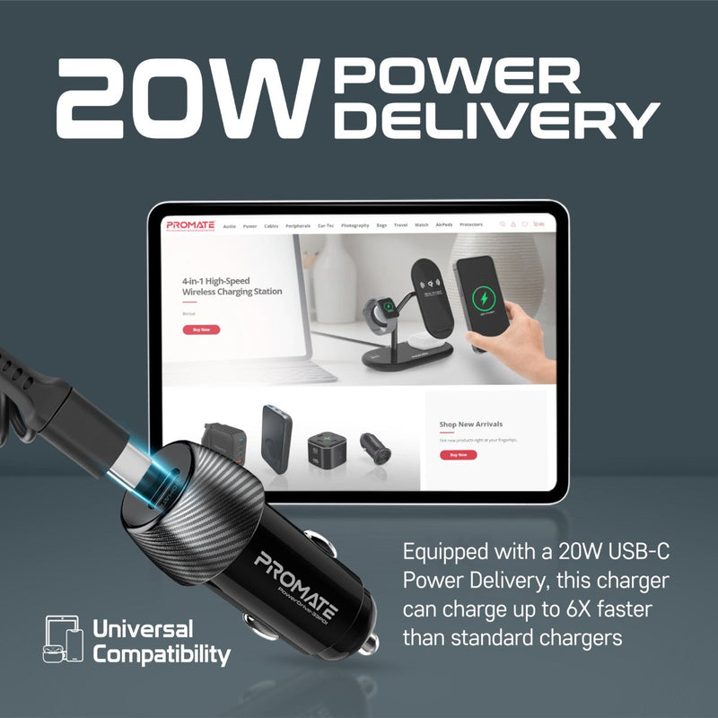 Promate 33W Car Charger With Lightning Cable And USB-A Port PowerDrive-33PDI