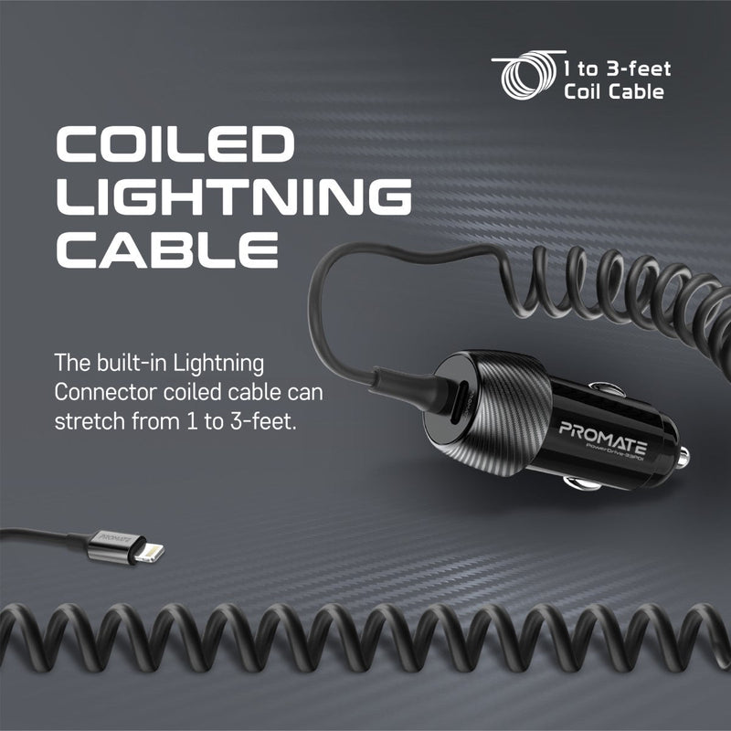 Promate 33W Car Charger With Lightning Cable And USB-A Port PowerDrive-33PDI