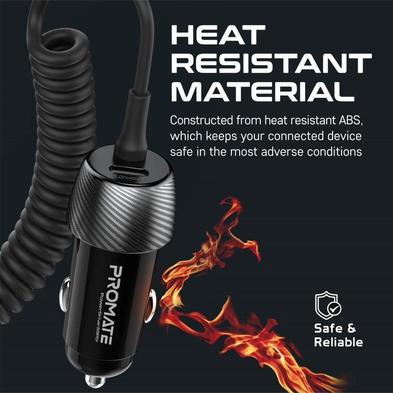 Promate 33W Car Charger With Lightning Cable And USB-A Port PowerDrive-33PDI