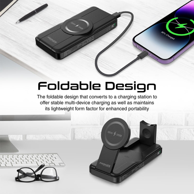 Promate PowerPack-Fold 10000mAH 20W Magsafe Compatible Wireless Charging Power Bank