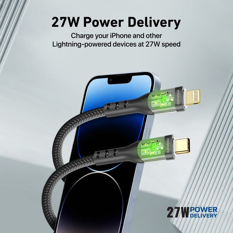 Promate Transline-Ci 27Watts Power Delivery USB-C to Lightning Cable Transparent Shells (Black)