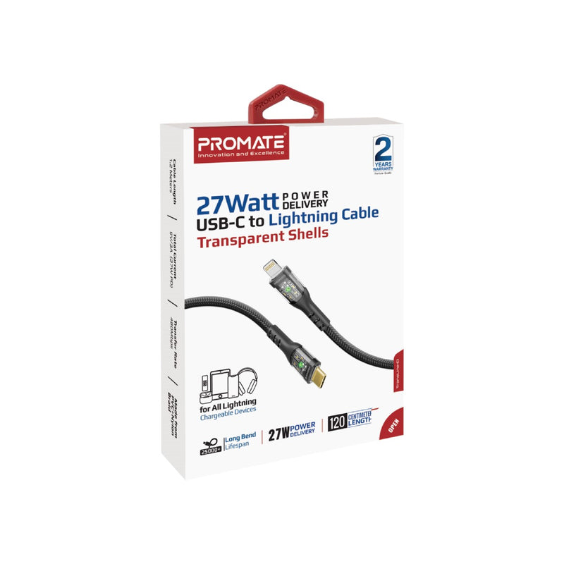 Promate Transline-Ci 27Watts Power Delivery USB-C to Lightning Cable Transparent Shells (Black)