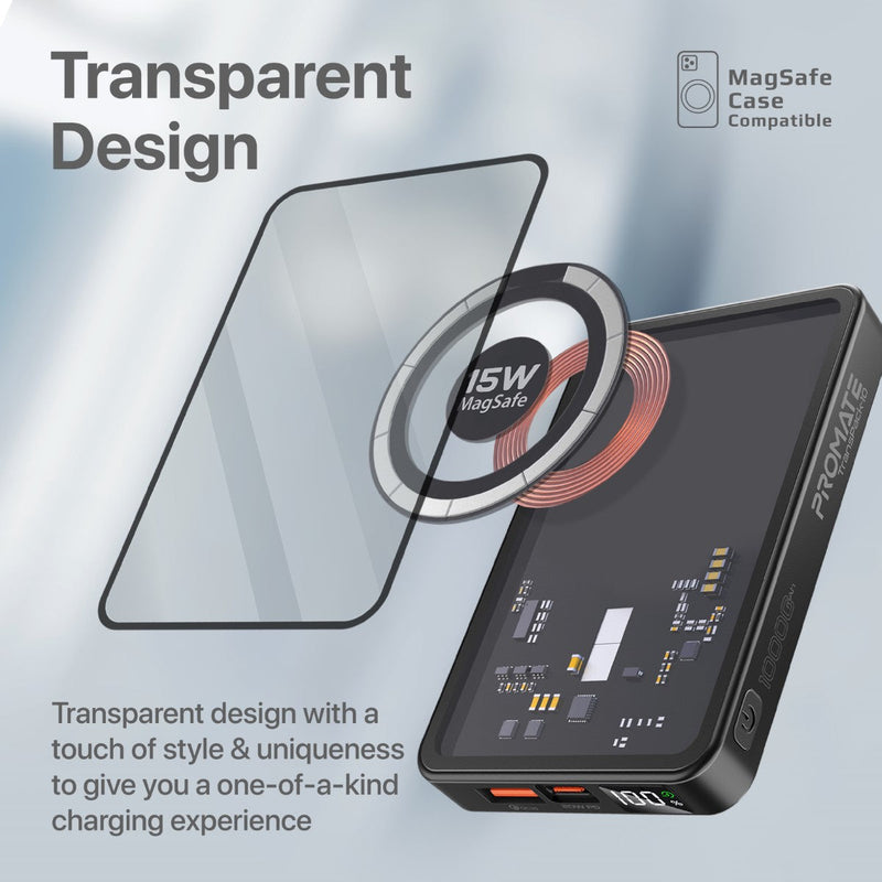 Promate Transpack-10 10000MAH Transparent Super Charge Magsafe 15W Wireless Charging Power Bank