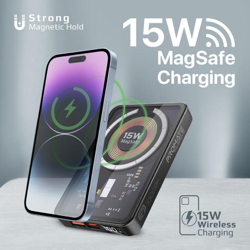 Promate Transpack-10 10000MAH Transparent Super Charge Magsafe 15W Wireless Charging Power Bank