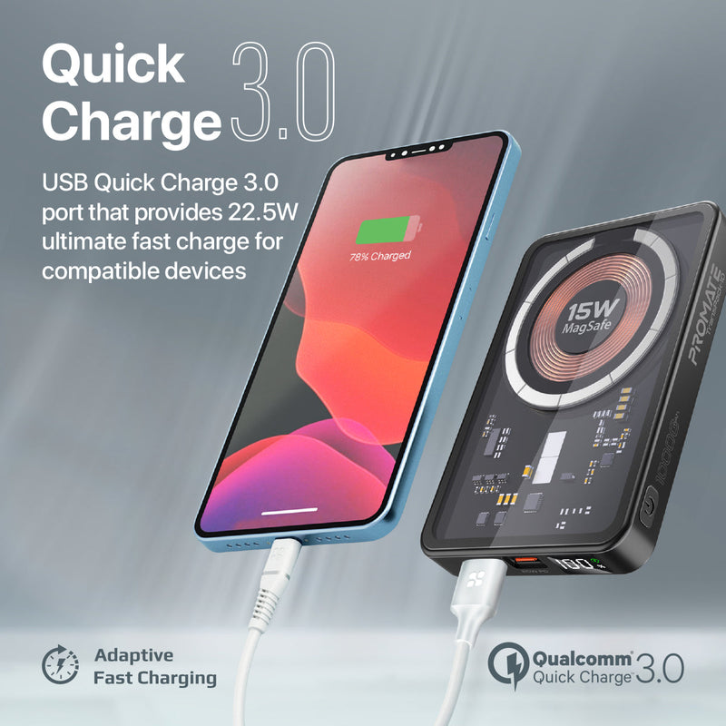 Promate Transpack-10 10000MAH Transparent Super Charge Magsafe 15W Wireless Charging Power Bank
