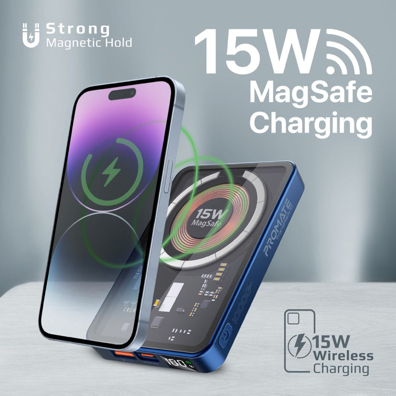 Promate Transpack-10 10000MAH Transparent Super Charge Magsafe 15W Wireless Charging Power Bank