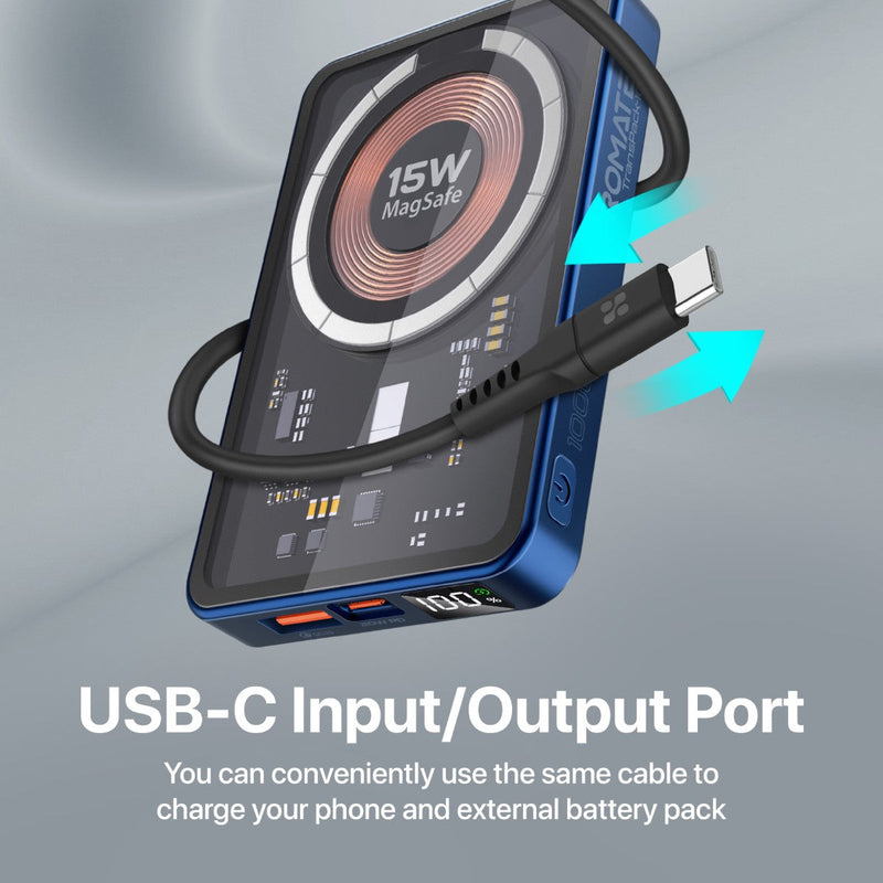 Promate Transpack-10 10000MAH Transparent Super Charge Magsafe 15W Wireless Charging Power Bank
