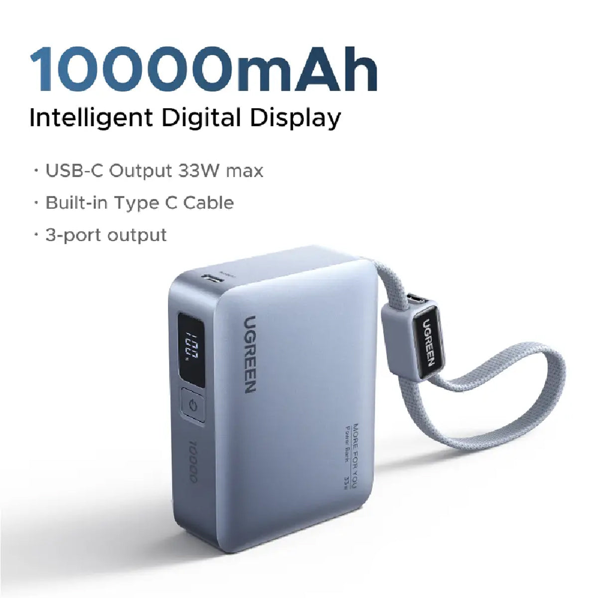 Ugreen 10000mAh 33W Fast Charging Power Bank w/ USB-C Built-In Cable