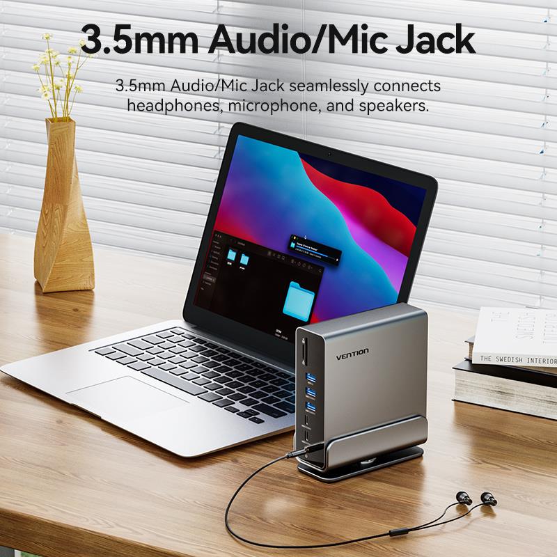 Vention 15-in-1 USB-C MST Docking Station - USB-C to DP + HDMI x 2 + USB 3.2 Gen2 Type-C + USB 3.2 Gen2 Type-A x 2 + USB 3.2 Gen1 Type-C + USB 3.0 + USB 2.0 x 2 + RJ45 + SD + TF + 3.5mm TRRS + PD (TPUH0)