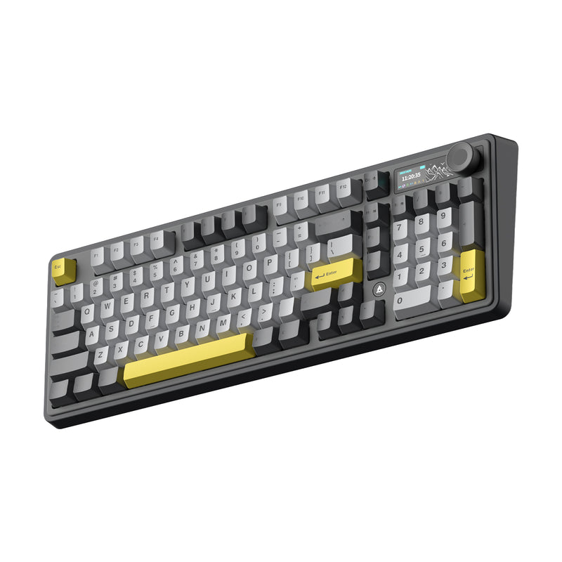 Ajazz AK980 RGB Tri-Mode 98% 97-Keys Gasket-Mounted Hot-Swappable Mechanical Keyboard with 1.14" TFT Display Screen & Knob (Black/Grey/Yellow) 