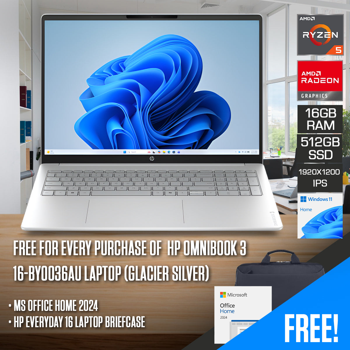 HP OmniBook 3 16-by0036AU Laptop (Glacier Silver) | 16" 2K (1920x1200) IPS | Ryzen 5 40 | 16GB RAM | 512GB SSD | AMD Radeon 610M Graphics | Windows 11 Home | MS Office Home 2024 + HP Everyday 16 Laptop Briefcase