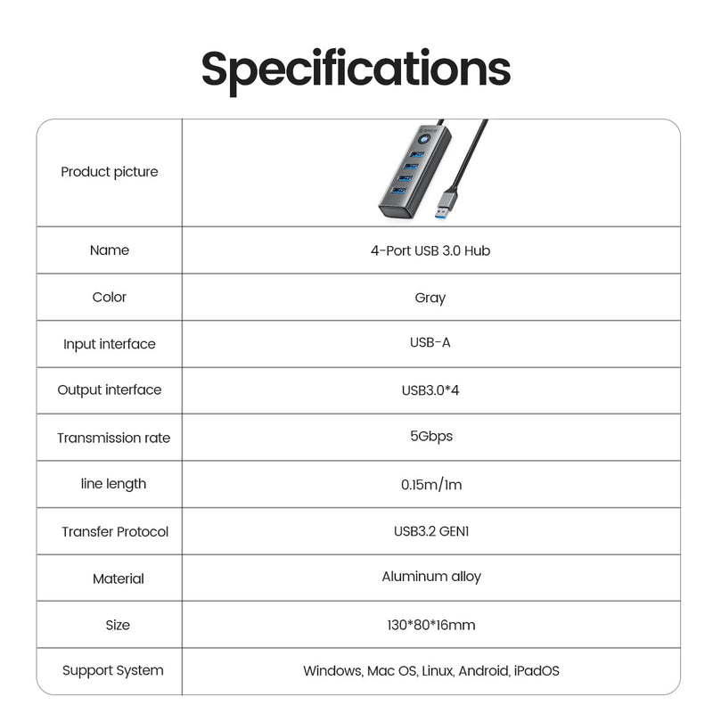 Orico 4 Portd USB 3.0 Hub Ultra-Slim Data USB Hub (PDD4U-U3) (Grey)