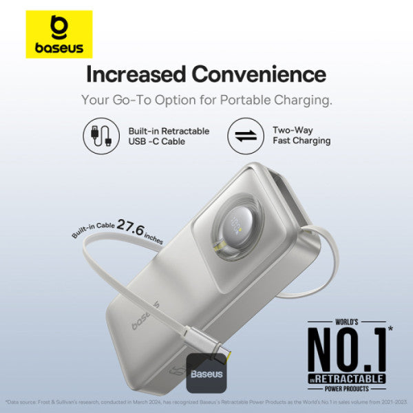 Baseus Free2Pull Power Bank 20000mAh 65W with Retractable USB-C Cable (Lunar Grey) (P10073700843-00)