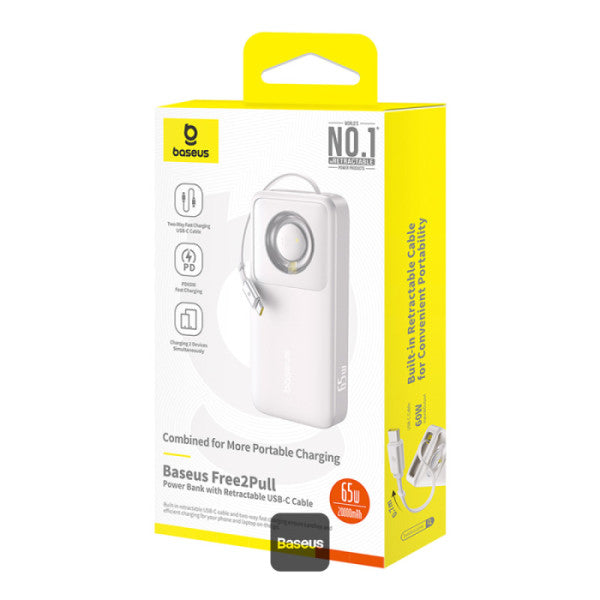 Baseus Free2Pull Power Bank 20000mAh 65W with Retractable USB-C Cable (Lunar Grey) (P10073700843-00)