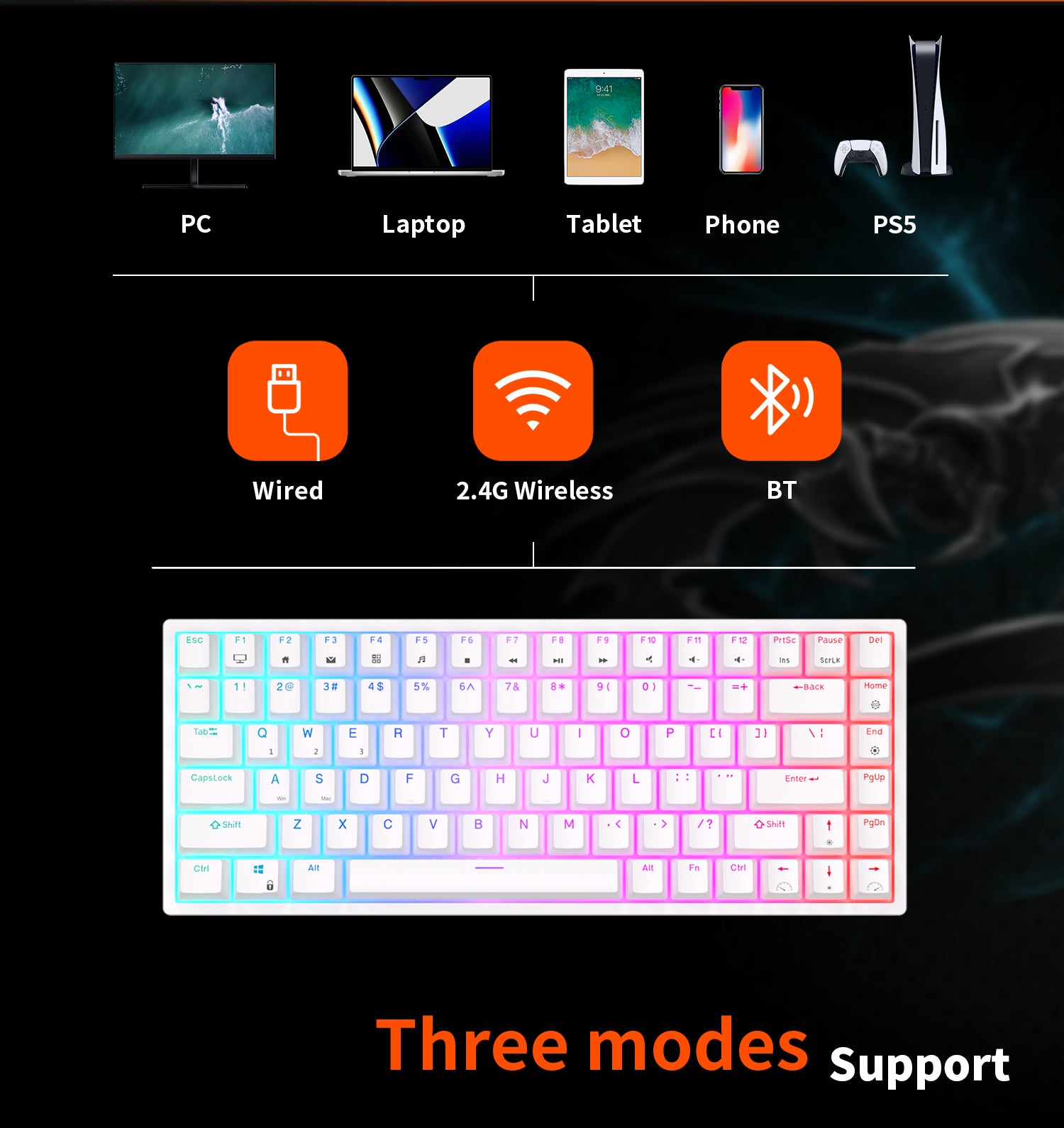 Royal Kludge RK84 Tri-Mode RGB 84 Keys Hot Swappable Mechanical Keyboard White (Brown Switch)