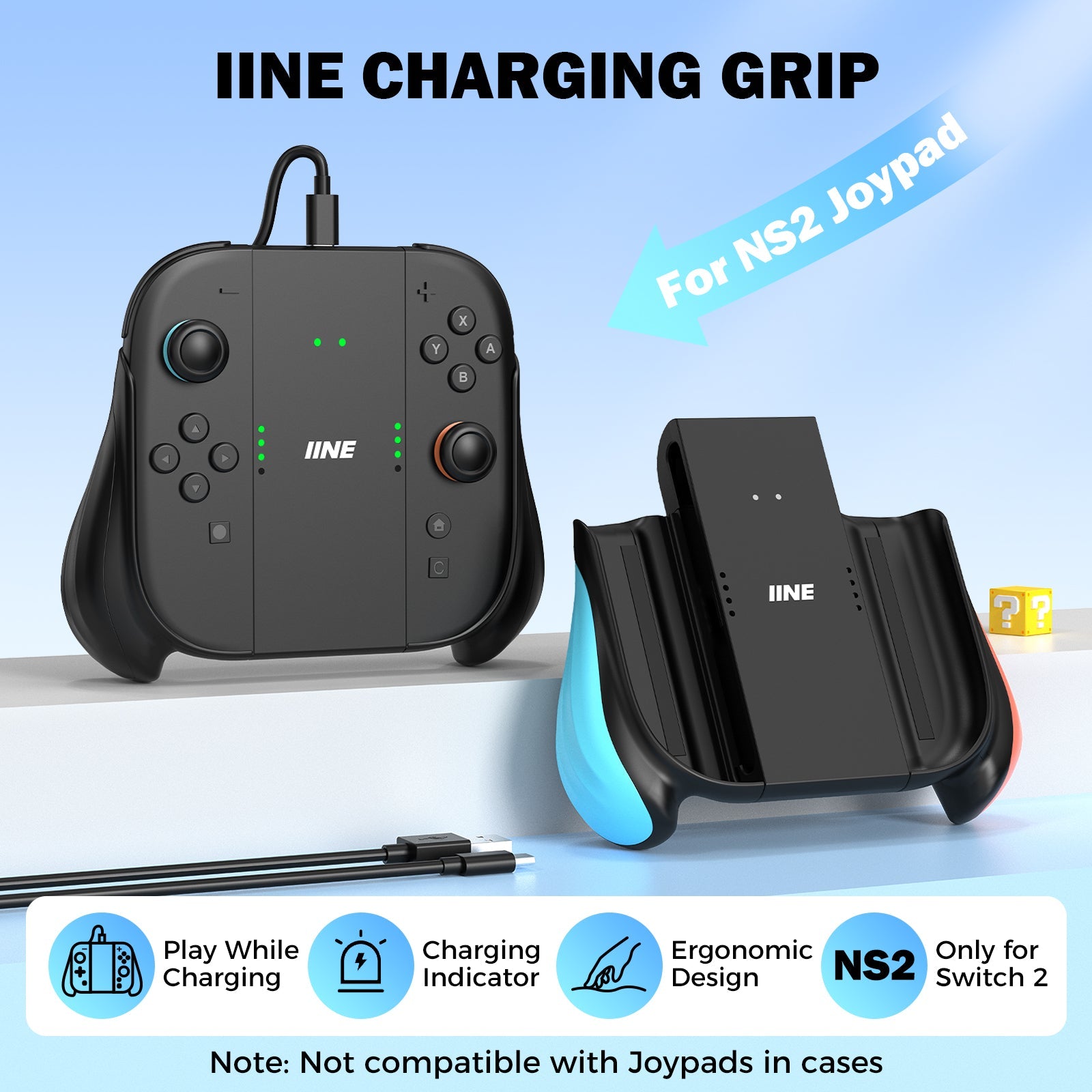 IINE Charging Grip for Nintendo Switch 2 (Black, Blue/Orange)