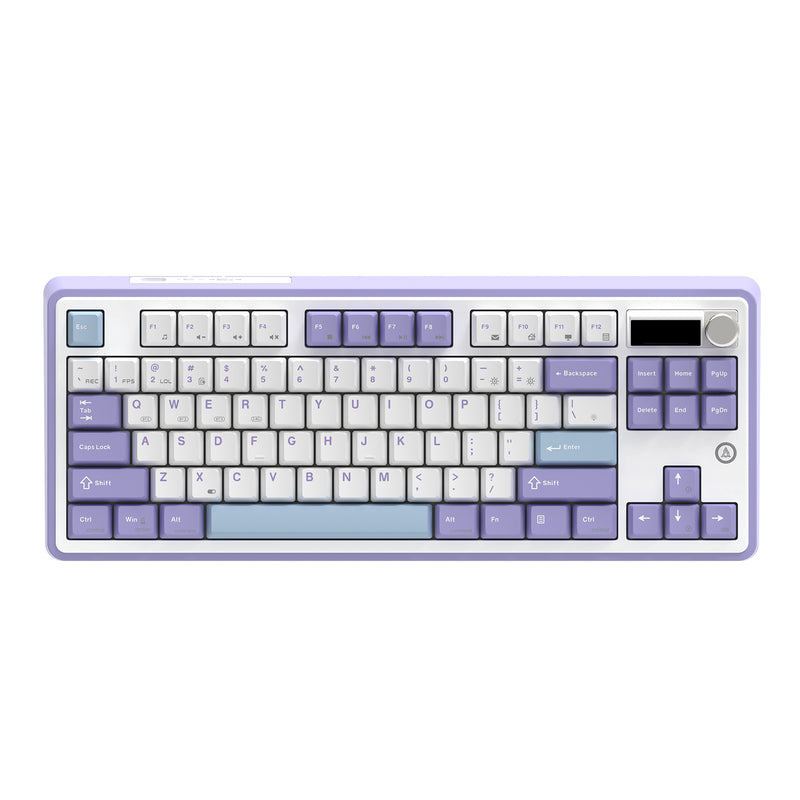 Ajazz AK870 RGB Tri-Mode 87-Keys TKL Gasket-mounted Hot Swappable Mechanical Keyboard with 1.14" TFT Display Screen & Knob (Purple/White/Blue) (Hyacinth Switch)