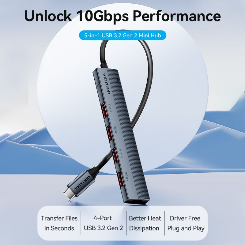 Vention 5-in-1 USB-C Mini Hub - USB-C to USB 3.2 Gen2 Type-A x 4 - 0.15M (CKHHB)