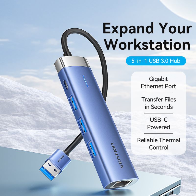 Vention 5-in-1 USB 3.0 Hub - USB-A to USB 3.0 x 3 + RJ45 + USB-C
