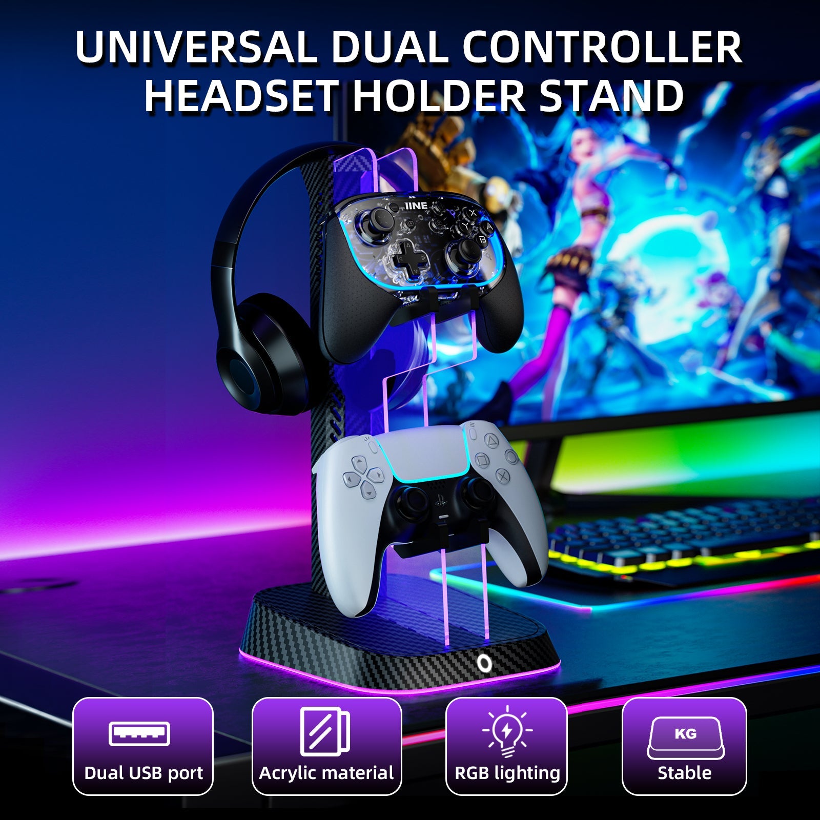 IINE RGB Universal Dual Controller Headset Holder Stand (Black) (L921) | DataBlitz