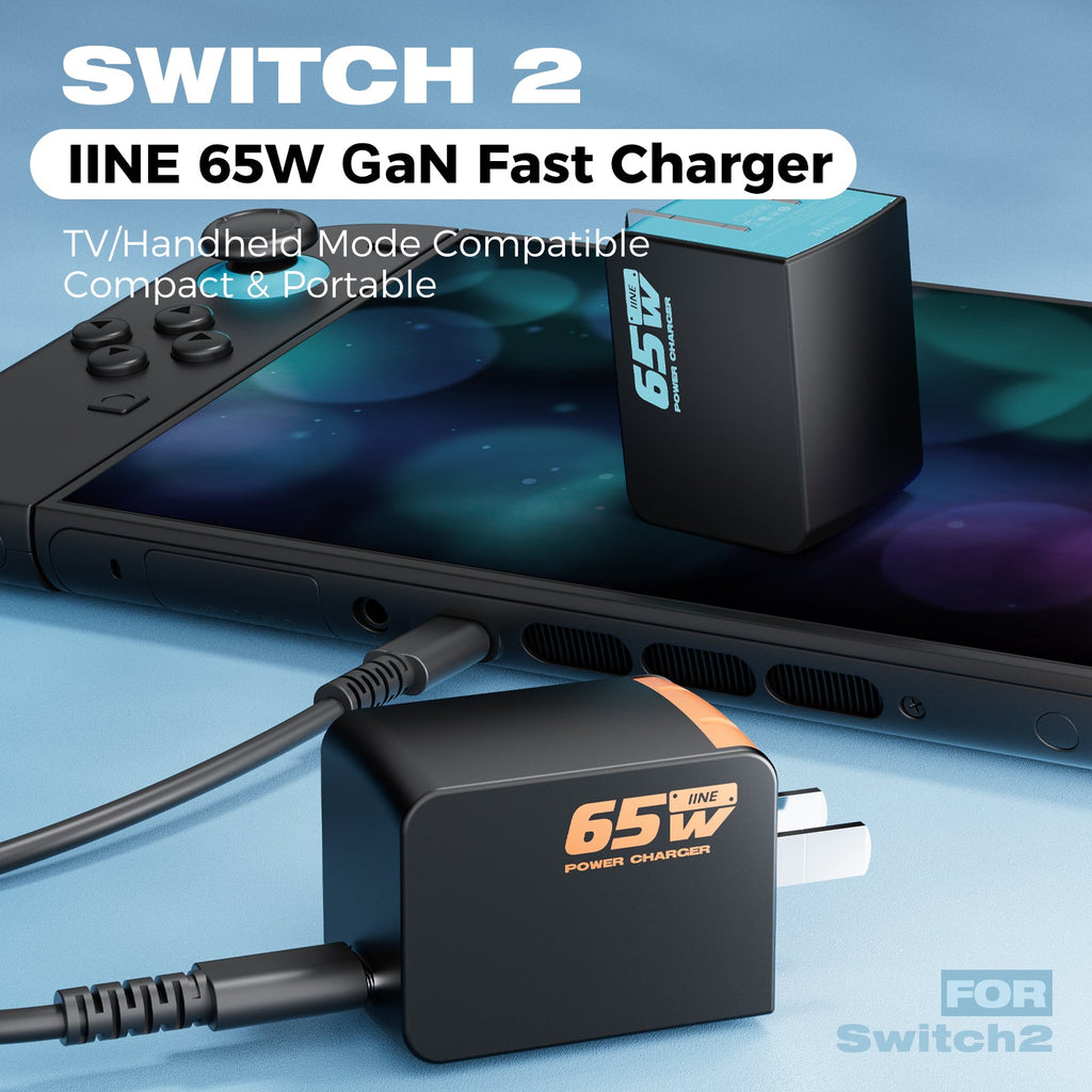Fast Charger In2 IINE 65W GaN Fast Charger for Nintendo Switch 2 (Black/Orange, Black/Blue)