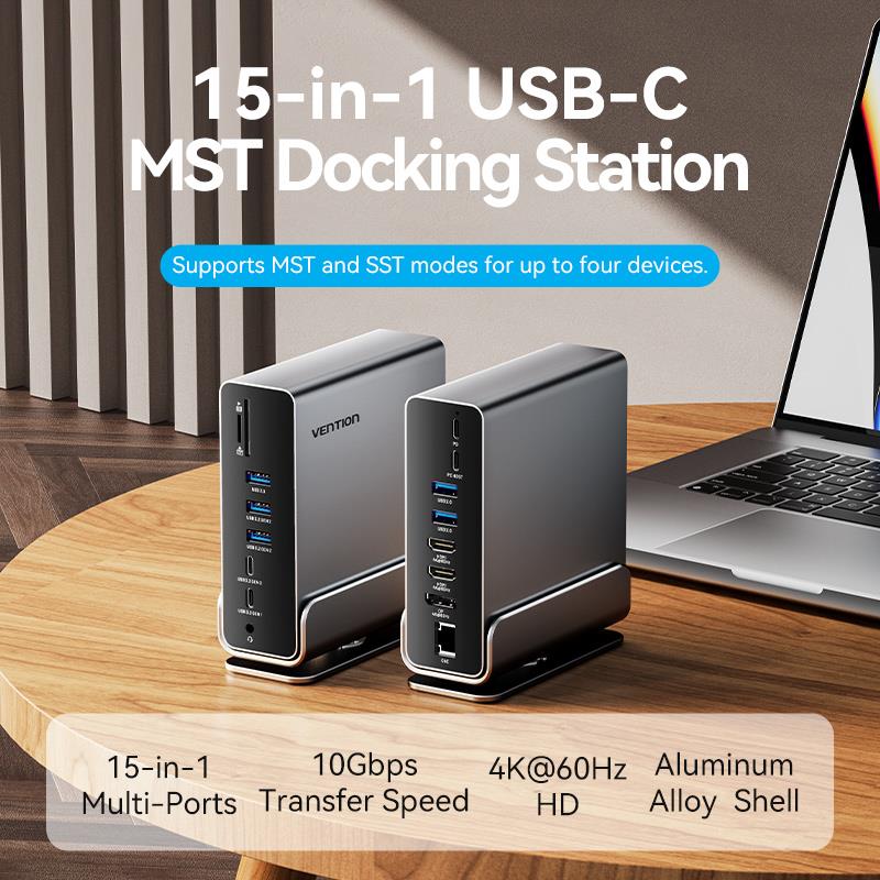 Vention 15-in-1 USB-C MST Docking Station - USB-C to DP + HDMI x 2 + USB 3.2 Gen2 Type-C + USB 3.2 Gen2 Type-A x 2 + USB 3.2 Gen1 Type-C + USB 3.0 + USB 2.0 x 2 + RJ45 + SD + TF + 3.5mm TRRS + PD (TPUH0)