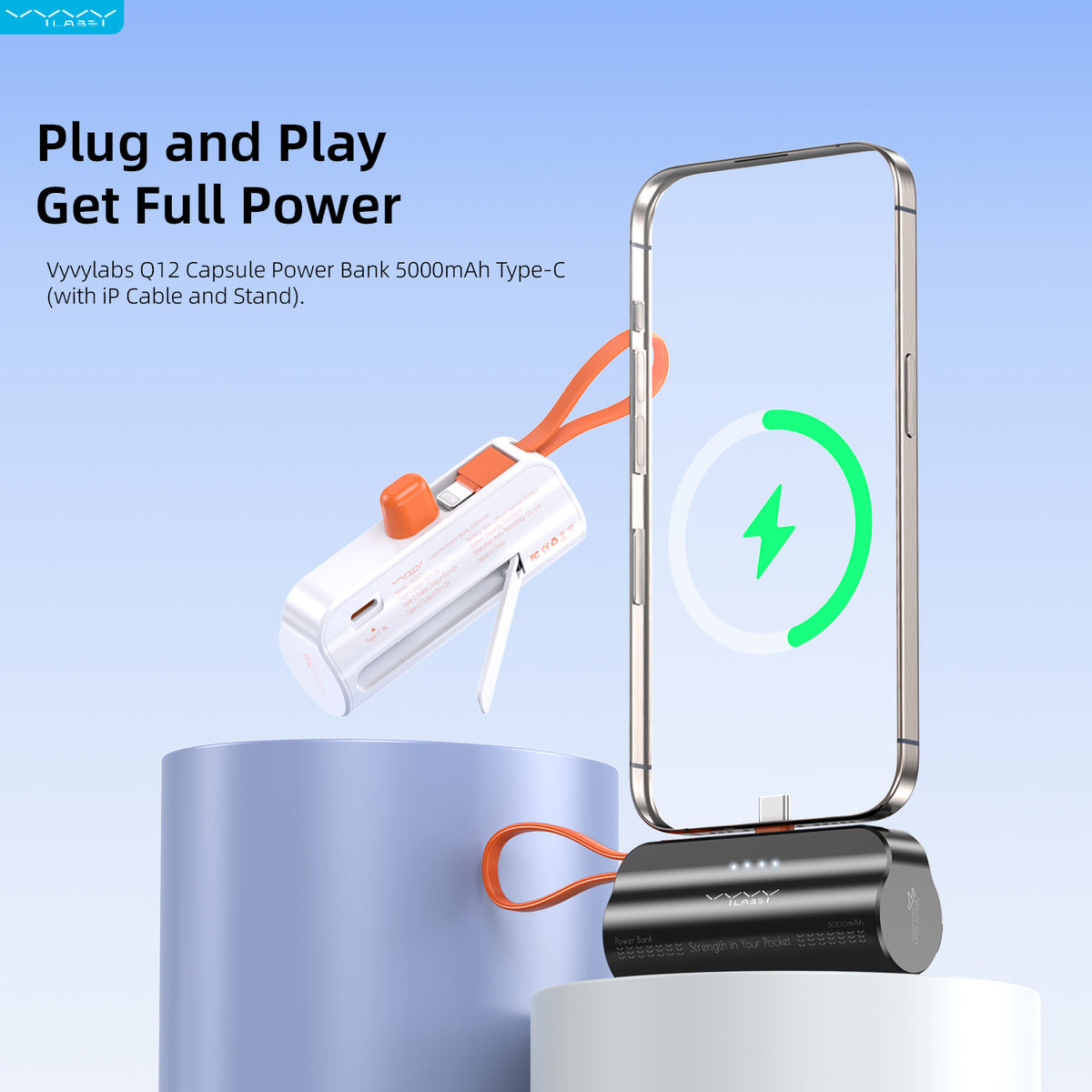 Vyvylabs Q12 Capsule Power Bank 5000mAh Type-C with iP Cable and Stand