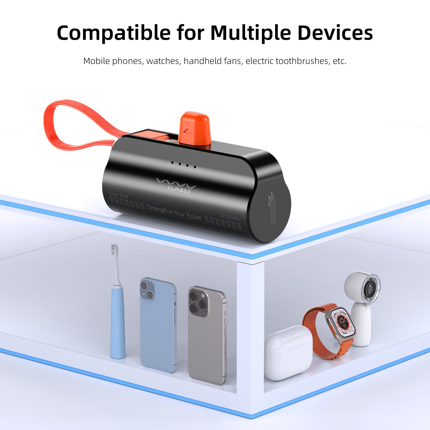 Vyvylabs Q12 Capsule Power Bank 5000mAh Type-C with iP Cable and Stand