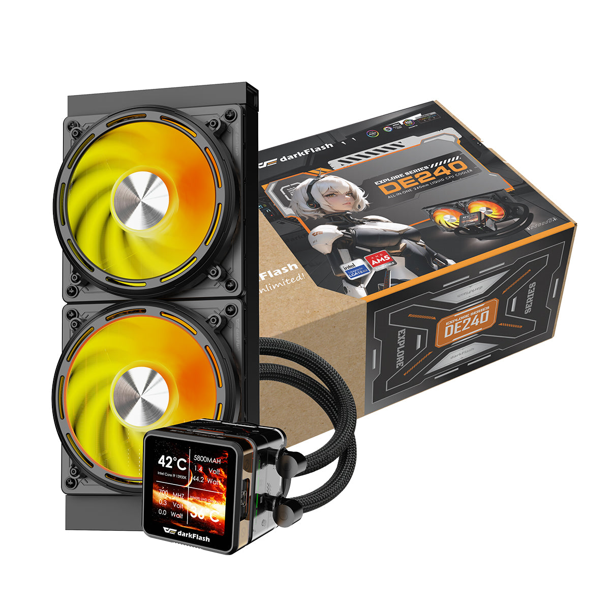 DarkFlash Explore DE240 AIO 240mm Liquid CPU Cooler (Black, White)