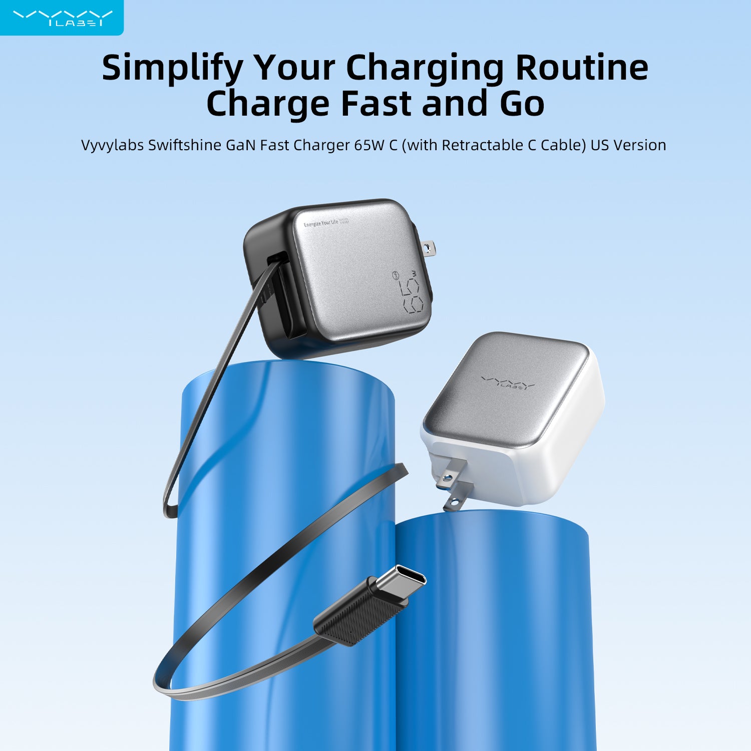Vyvylabs Swiftshine GaN Fast Charger 65W C with Retractable C Cable