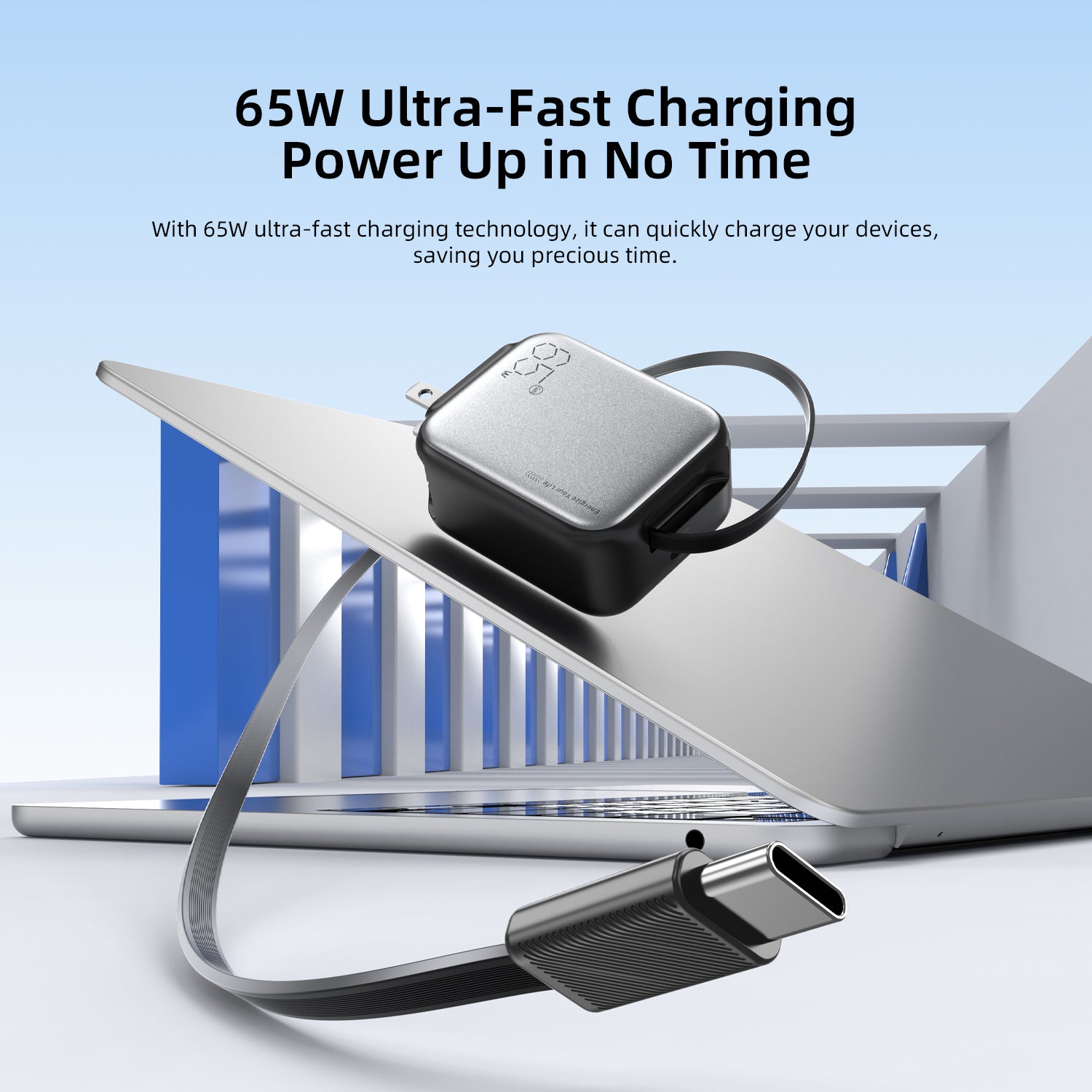 Vyvylabs Swiftshine GaN Fast Charger 65W C with Retractable C Cable